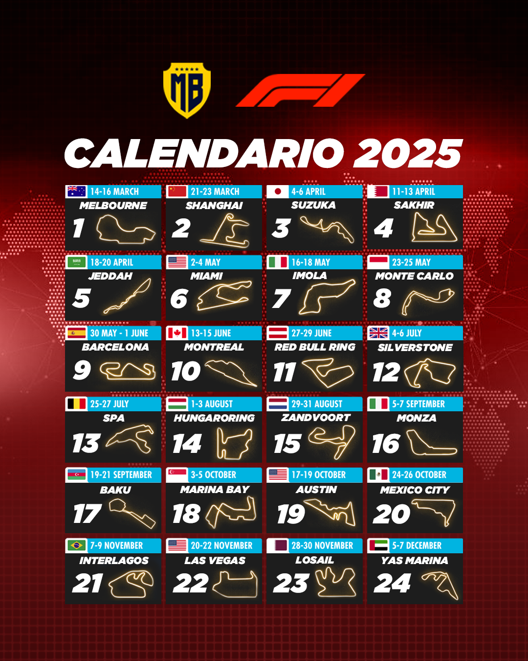 Calendario F1 2025: fechas, carreras, circuitos de la temporada MasterBets365
