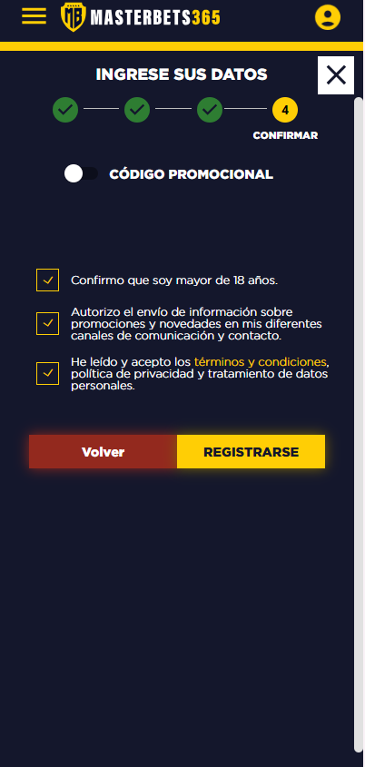 Aceptar términos y condiciones de casino online y casa de apuestas MasterBets365
