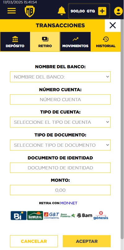 Datos para procesar el retiro en Monnet casino online MasterBets365