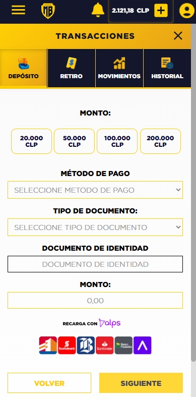 Recarga con Alps desde_ Bando del Estado de Chile, Scotiabank, Banco de Chile, Santander, Banco Falabella y Mach en MasterBets365 Chile Casino Oline